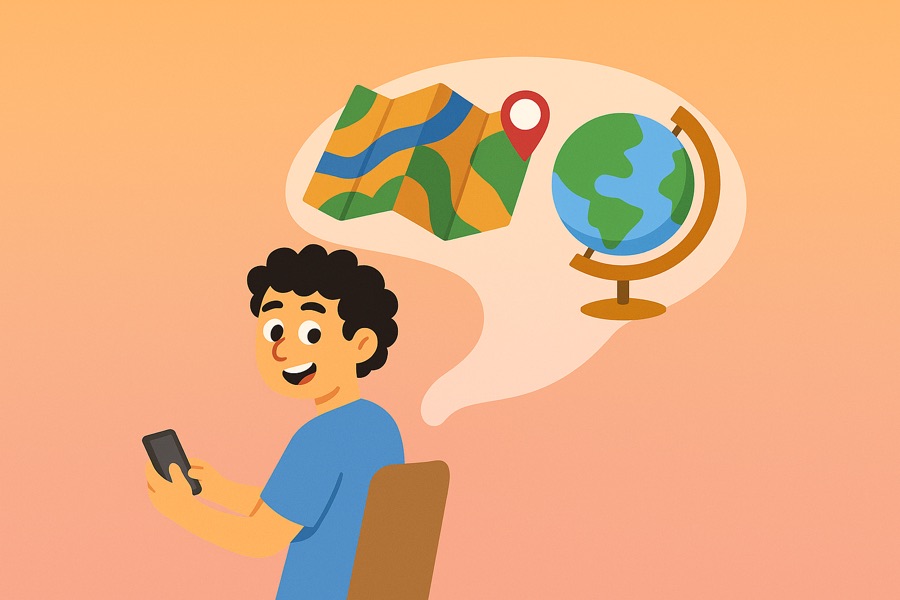 PinIt geography quiz app — a player exploring a map and globe on a phone