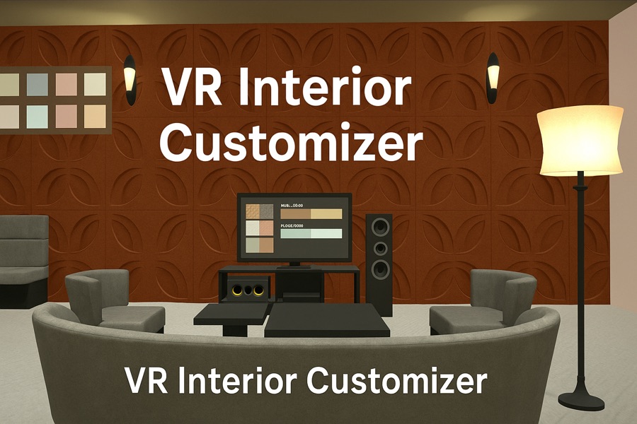 VR Interior Customizer — a virtual living room with a material and color swatch panel