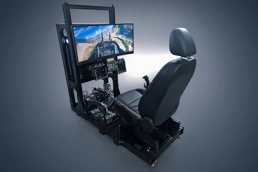 The Immersive Flight Training Device — a full HOTAS cockpit rig with dual displays